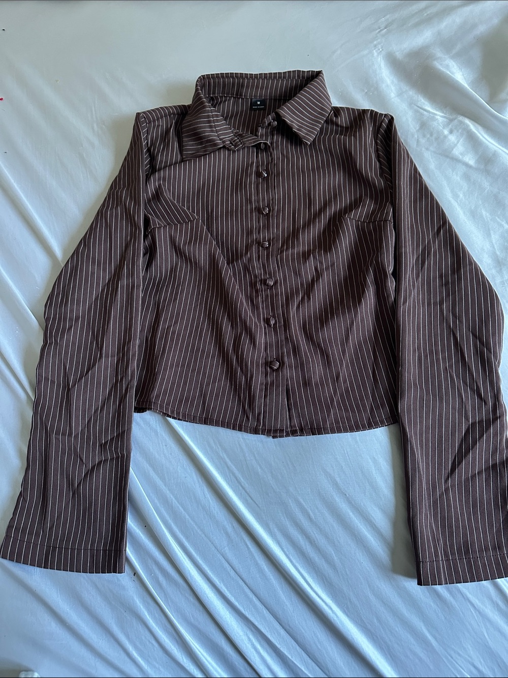 Women's Brown Pinstripe Button-Up Shirt